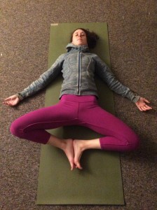 Start with the feet together, knees apart and take a moment to close the eyes and relax here. 