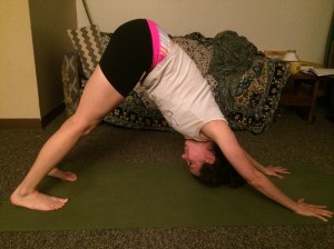 Downward Facing Dog: Make sure that the seating bones are lifted and the hands are shoulder width apart. You knees can be bent. Try to draw down through the heels.